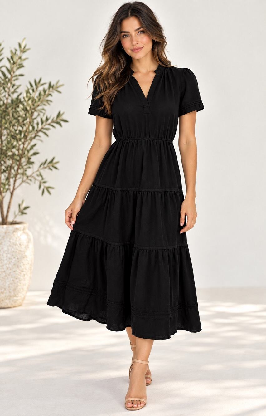 Cynthia Rowley Linen Blend Tiered Midi Dress Womens S Black V Neck A Line